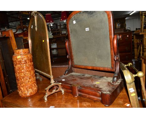 A VICTORIAN MAHOGANY TOILET MIRROR with two drawers, a brass and marble standard lamp, brass fender, firescreen, desk lamp, a