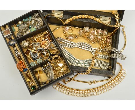 A JEWELLERY BOX OF COSTUME JEWELLERY, to include a Siam ring, further rings, cufflinks, necklaces including Monet necklace, b