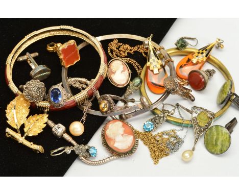 A SELECTION OF JEWELLERY, to include a silver torque bangle, a pair of connemara marble cufflinks, two marcasite rings, a mar