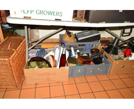 SIX BOXES AND LOOSE SUNDRY ITEMS, to include two graduating wicker baskets, angle poise lamps, clocks, boxes (inlaid cigarett