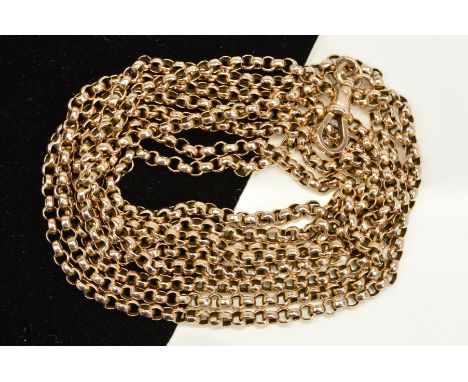 A LONG YELLOW METAL RING LINK CHAIN, jointed together by a jump ring with an attached lobster clasp, length approximately 162