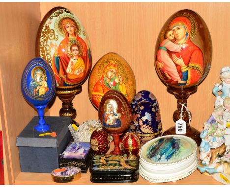 A COLLECTION OF RUSSIAN HANDPAINTED, LACQUER DECORATIVE ITEMS, etc, comprising of five eggs on stands, religious designs, tal