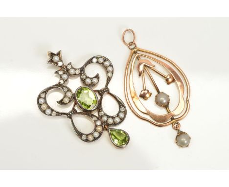 TWO PENDANTS, both of openwork design, the first with a central imitation split pearl and foliate detail, suspending a furthe