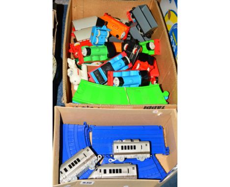 TWO BOXES OF CHILDRENS TRAINS AND TRACK, including 'Thomas Tank Engine', set etc