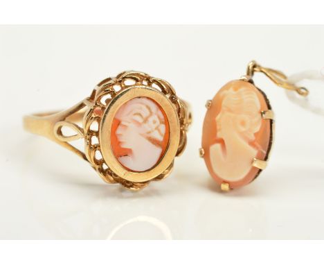 A 9CT GOLD CAMEO RING AND PENDANT, both designed with an oval cameo panel depicting a lady in profile, the ring with a collet