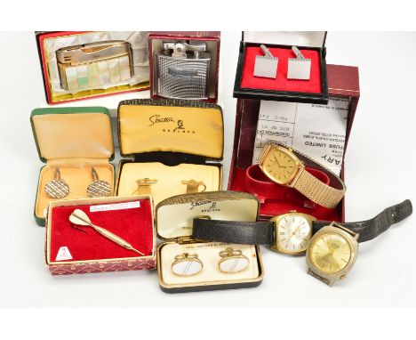 A SELECTION OF CUFFLINKS, LIGHTERS AND A TIE SLIDE, to include four pairs of cufflinks, a dart shaped tie slide, a Ronson lig