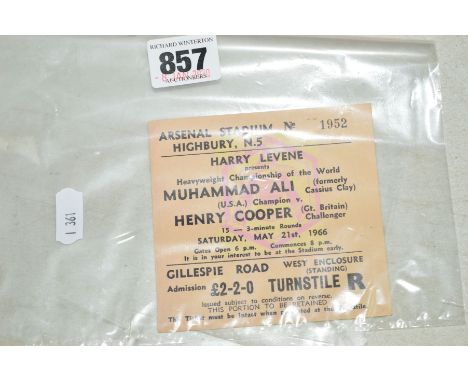 BOXING TICKET STUB, Champion (USA) Muhammad Ali vs Henry Cooper Challenger (GB) on Sat 21st May 1966 at Arsenal Stadium, High