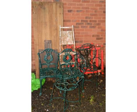 TWO PAIRS OF GREEN ALUMINIUM GARDEN CHAIRS together with a wrought iron plant stand, three trestle stands, trestle table, woo