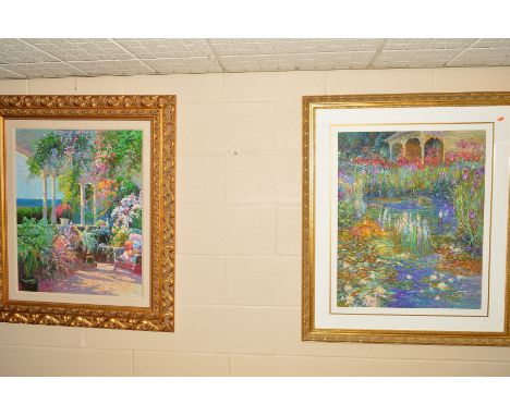 TWO SIGNED LIMITED EDITION PRINTS presented in ornate gilt frames, an impressionist Monet style pond, indistinct signature, m