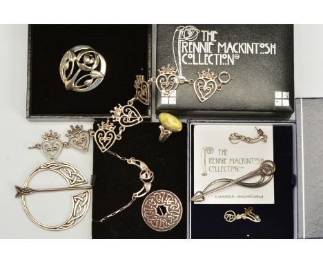 A SELECTION OF SILVER AND WHITE METAL SCOTTISH DESIGN JEWELLERY, to include four items of Scottish Iona, John Hart jewellery,