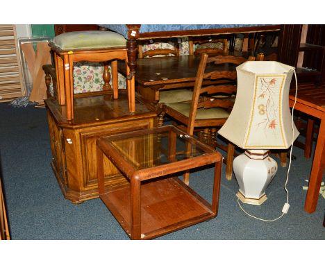 A REPRODUCTION OAK REFECTORY TABLE, width 138cm x depth 77cm x height 74cm and four ladder back chairs (sd), together with a 