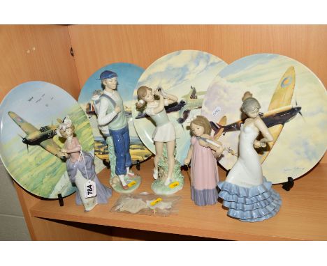 A LLADRO FIGURE, 'Promenade' No5685 (parasol loose and broken), together with four Nao figures (a gentleman golfer, a young w