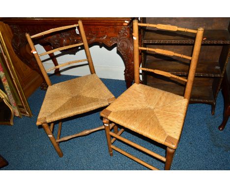 TWO SIMILAR OAK RUSH SEATED LADDER BACK CHAIRS