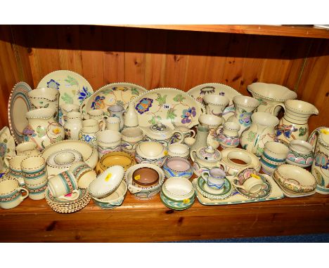 A LARGE QUANTITY OF HONITON STUDIO POTTERY, circa 1930's, to include Jacobean scroll teawares, assorted jugs, vases, serving 