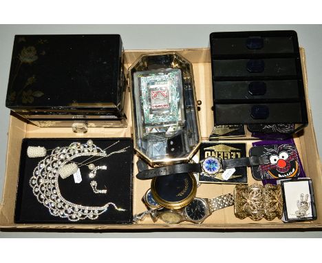 A BOX OF COSTUME JEWELLERY, etc, to include a pair of opal studs, lighters, wristwatches, a compact, a paste necklace and ear