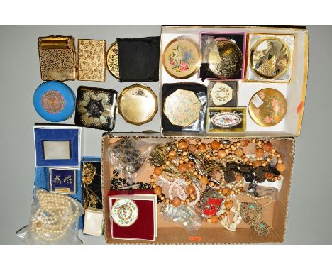 TWO SMALL BOXES OF COSTUME JEWELLERY, COMPACTS, etc, to include a shell necklace, imitation pearl necklaces, further costume 