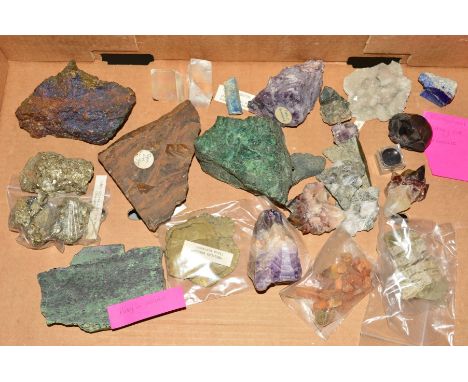 A LARGE SELECTION OF MINERAL SPECIMENS, to include pieces such as peacock ore, fluorite crystals, pyrite, calcite, rough ambe