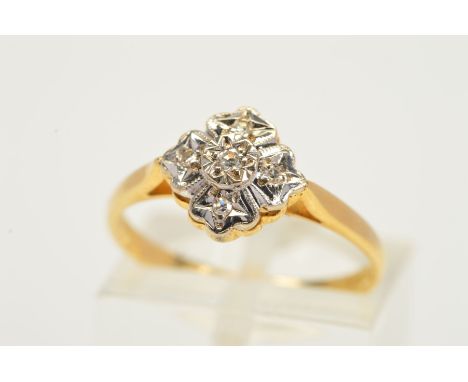 AN 18CT GOLD MID TO LATE 20TH CENTURY DIAMOND FLOWER CLUSTER RING, estimated diamond weight 0.05ct, ring size M, hallmarked 1