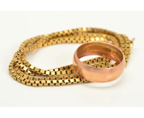 A 9CT GOLD BAND RING AND A 9CT GOLD CHAIN NECKLACE, the ring of plain design, with 9ct hallmark, width approximately 6mm, rin