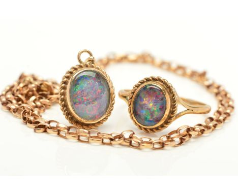 AN OPAL TRIPLET RING AND PENDANT WITH CHAIN, the ring designed as an oval opal triplet in a collet setting within a rope twis