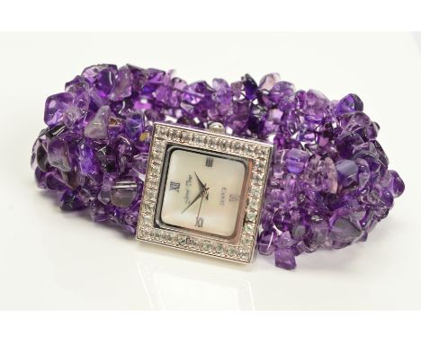 AN AMETHYST AND MOTHER OF PEARL WATCH, the square mother of pearl face with colourless paste surround and polished amethyst p