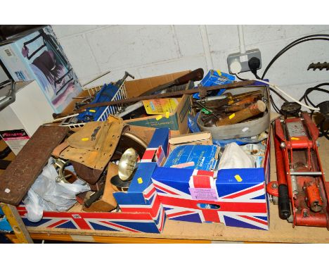 THREE BOXES PLUS LOOSE OF VARIOUS MISCELLANEOUS TOOLS, to include painters equipment, garden equipment, hand tools, and plumb