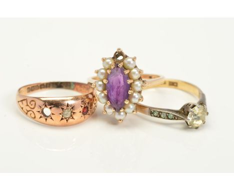 THREE RINGS, the first a 9ct gold ring designed as a marquise shape amethyst within a split pearl surround, one split pearl m