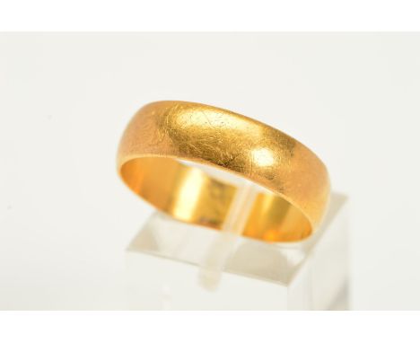 A 22CT GOLD BAND RING, of plain design, with 22ct hallmark for Birmingham 1968, width 6mm, ring size U, approximate weight 6.