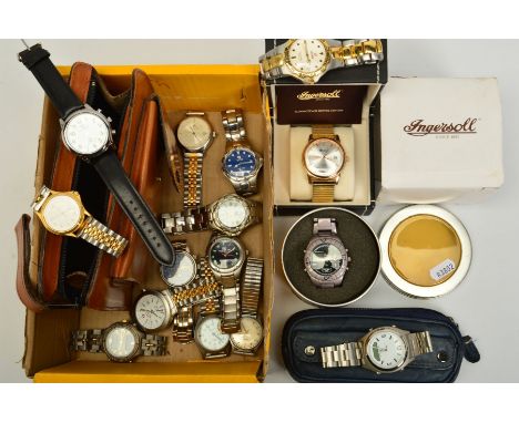 A BOX CONTAINING VARIOUS WRISTWATCHES, to include a boxed automatic Ingersoll wristwatch and a mid Century mechanical Rotary