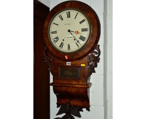 A VICTORIAN WALNUT AMERICAN DROP DIAL WALL CLOCK, marked H Little, Lancaster (winding key) (sd) together with an oak mantel c