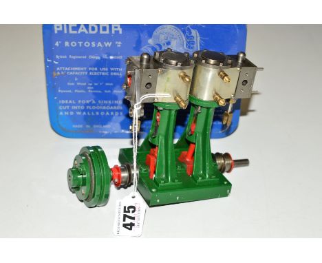 A STUART TURNER D10 VERTICAL TWIN CYLINDER LIVE STEAM ENGINE, not tested, not complete but comes with a tin of parts/spares