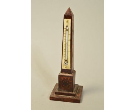 A TUNBRIDGE WARE DESK THERMOMETER, of obelisk form, with stepped base, height approximately 19cm (a/f)