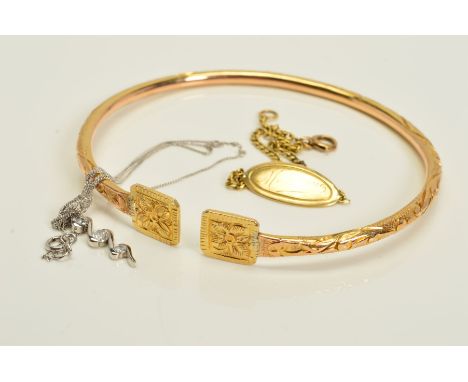 A BANGLE, BRACELET AND A PENDANT NECKLACE, the bangle of torque design with engraved floral and foliate detail, a fine curb l