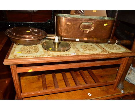 A COPPER FISH KETTLE, warming pan etc, and a teak tile topped coffee table (4)