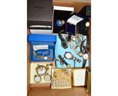 A BOX OF COSTUME JEWELLERY AND WATCHES, to include a fine curb link chain necklace, stamped 375, approximate weight 1.1 grams