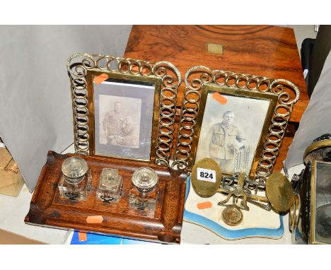 A SET OF MORDAN &amp; CO BRASS POSTAL SCALES ON A CERAMIC BASE, with a mahogany veneered writing slope, complete with ink wel