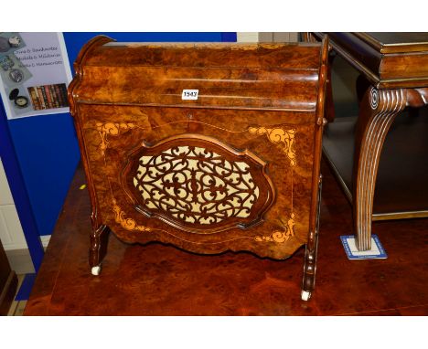 A VICTORIAN BURR WALNUT AND FOLIATE SATINWOOD INLAID CANTERBURY, with a hinged top and carved fretwork front and back panel o