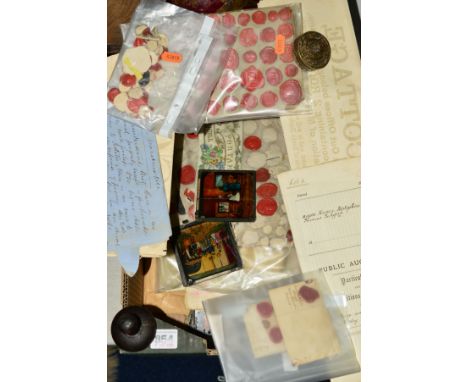 A QUANTITY OF MAGIC LANTERN SLIDES, majority are coloured Biblical or other stories, with a quantity of Victorian paperwork -