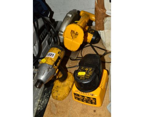 TWO DEWALT BATTERY POWERED HAND TOOLS, to include a drill, circular saw, charger and single battery