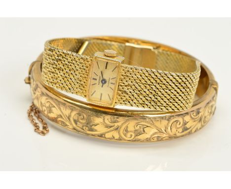 A GOLD PLATED LADIES ROTARY WATCH AND GOLD PLATED BANGLE, the Rotary has a rectangular case measuring approximately 6.5mm x 9