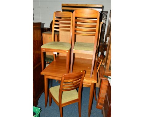 A TEAK SQUARE TOPPED FOLD OVER DINING TABLE, 90cm squared x height 77cm and four ladder back chairs (5)