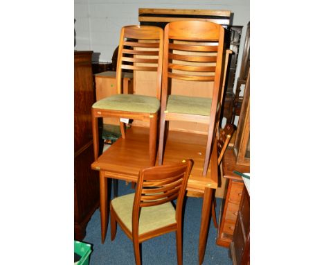 A TEAK SQUARE TOPPED FOLD OVER DINING TABLE, 90cm squared x height 77cm and four ladder back chairs (5)