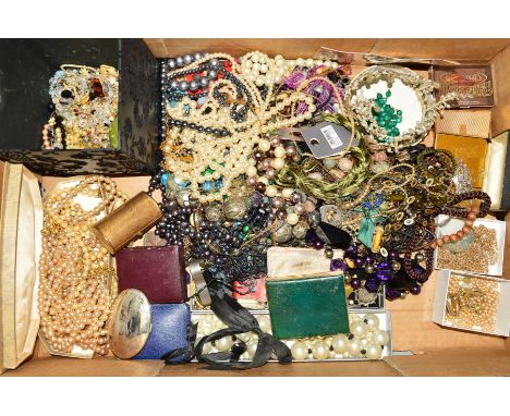 A BOX OF COSTUME JEWELLERY, to include costume jewellery necklaces, imitation pearl necklaces, a Kigu compact, a handbag shap