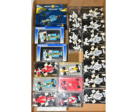 A QUANTITY OF BOXED MINICHAMPS &amp; UNIVERSAL HOBBIES DIECAST 1/43 RENAULT, STEWART FORD, TYRRELL FORD, FERRARI &amp; TOYOTA