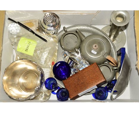 A BOX OF PEWTER, SILVER PLATE, GLASSWARE, ETC, includes a Royal Selangor candlestick, silver mounted glass decanter, cracked 