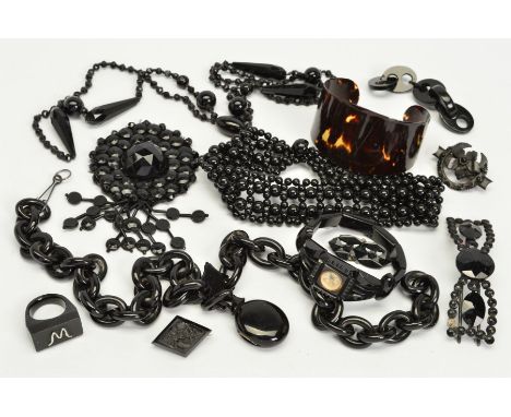 A SELECTION OF MAINLY JET AND FRENCH JET JEWELLERY, to include a late Victorian oval jet locket suspended from an oval link j