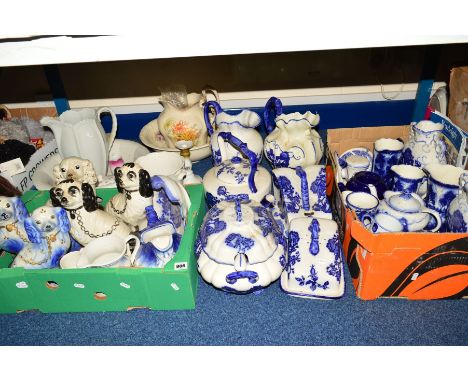 TWO BOXES AND LOOSE CERAMICS, including Blakeney Ironstone Staffordshire blue and white ceramics, oversized kettle, butter di