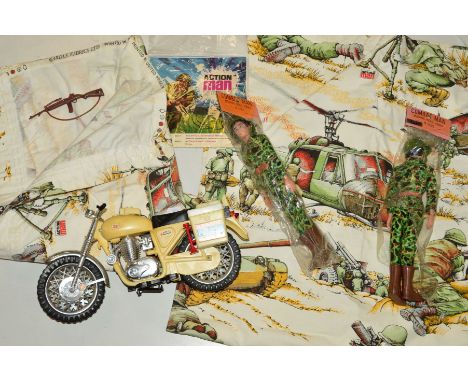 A PAIR OF 1970'S ACTION MAN CURTAINS, white background with multi-coloured action scenes and the Action Man logo, by Wardle F