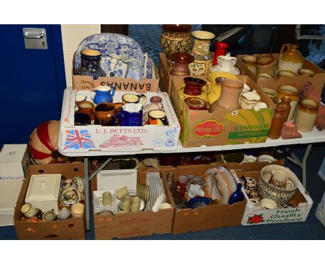 TWELVE BOXES AND LOOSE CERAMICS AND GLASSWARE, etc, to include vases, jugs, jardinieres, chargers, casseroles, tea and dinner
