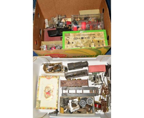 A QUANTITY OF O GUAGE MODEL RAILWAY SPARE PARTS, CHASSIS, TOOLS AND ACCESSORIES ETC, to include wheels, chassis, body parts, 